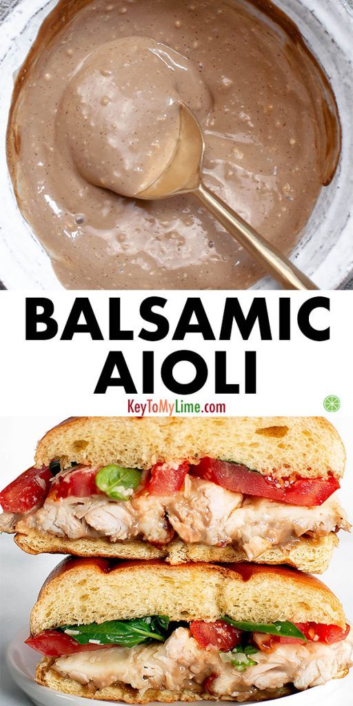 Balsamic aioli in a bowl and on a bruschetta chicken sandwich.