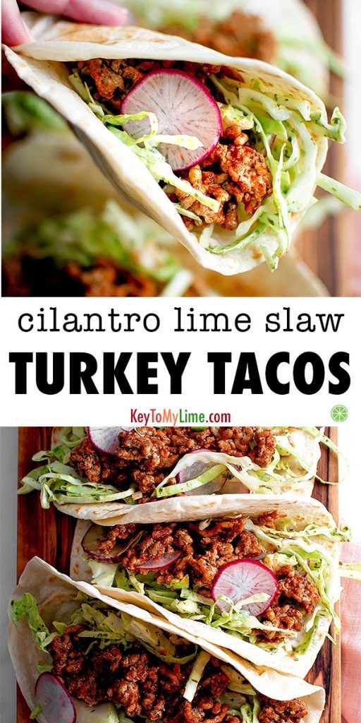 Two images of creamy cilantro turkey tacos.