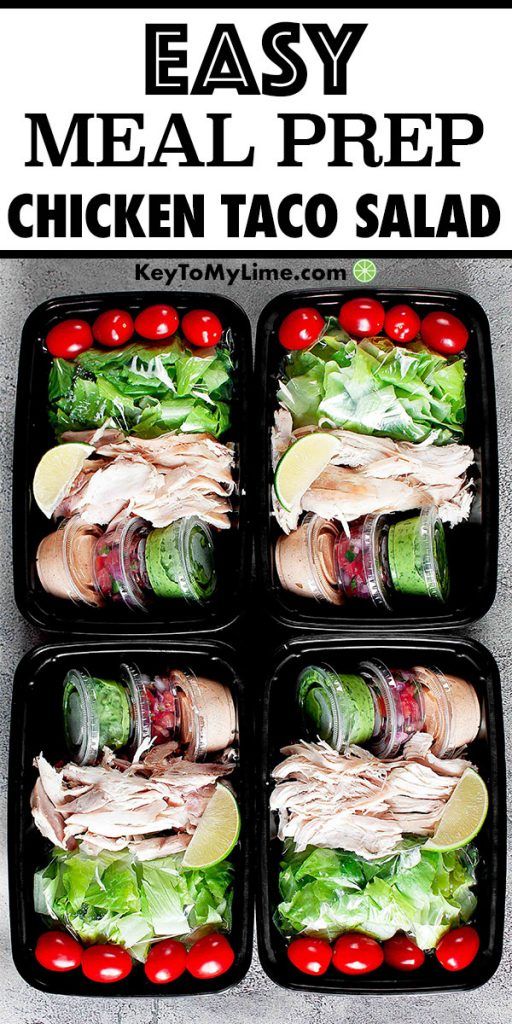 Rotisserie Chicken Taco Salad in four meal prep containers.