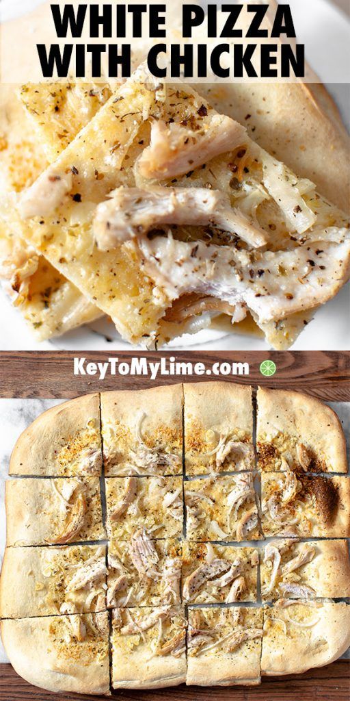 Two images of white chicken pizza.