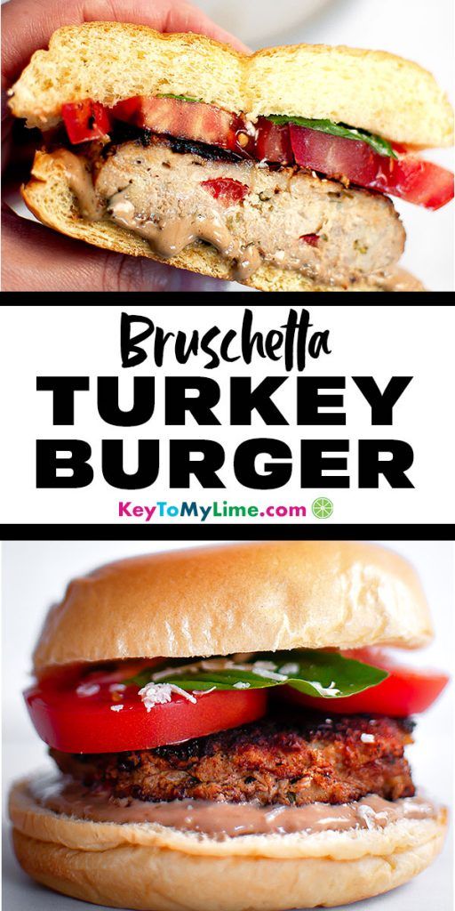 Two images of a turkey bruschetta burger.