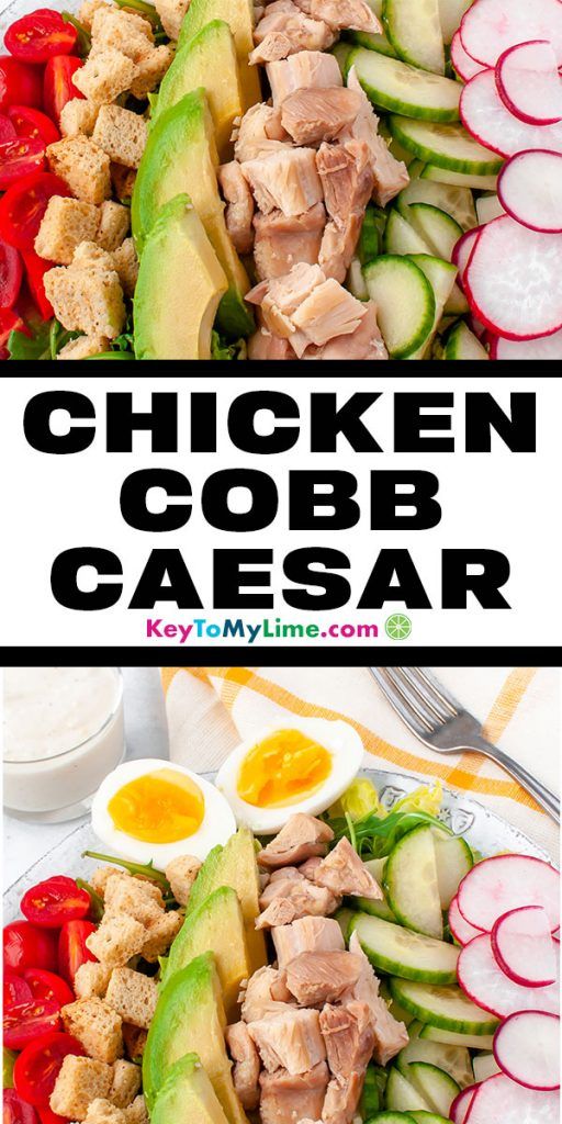 Two images of chicken caesear cobb salad.