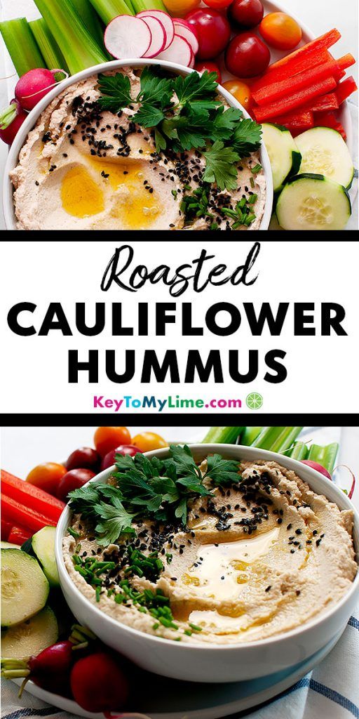 Two images of roasted cauliflower hummus.