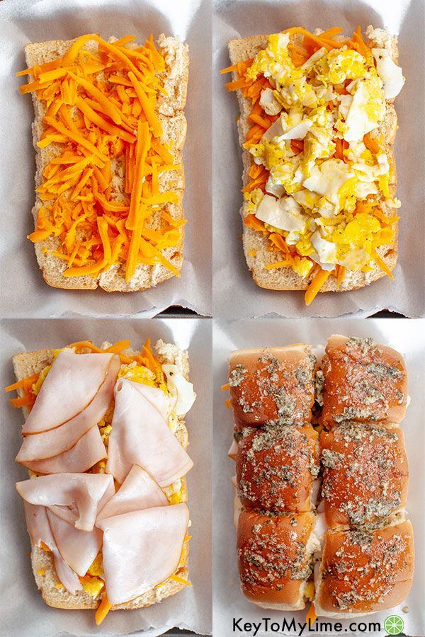 A process collage showing how to assemble breakfast slider sandwiches.