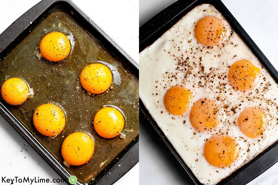 Process collage of sheet pan eggs.