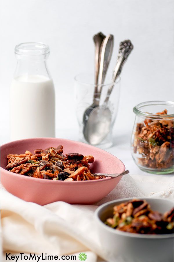 A side image of grain free granola in bowls and a small cup.