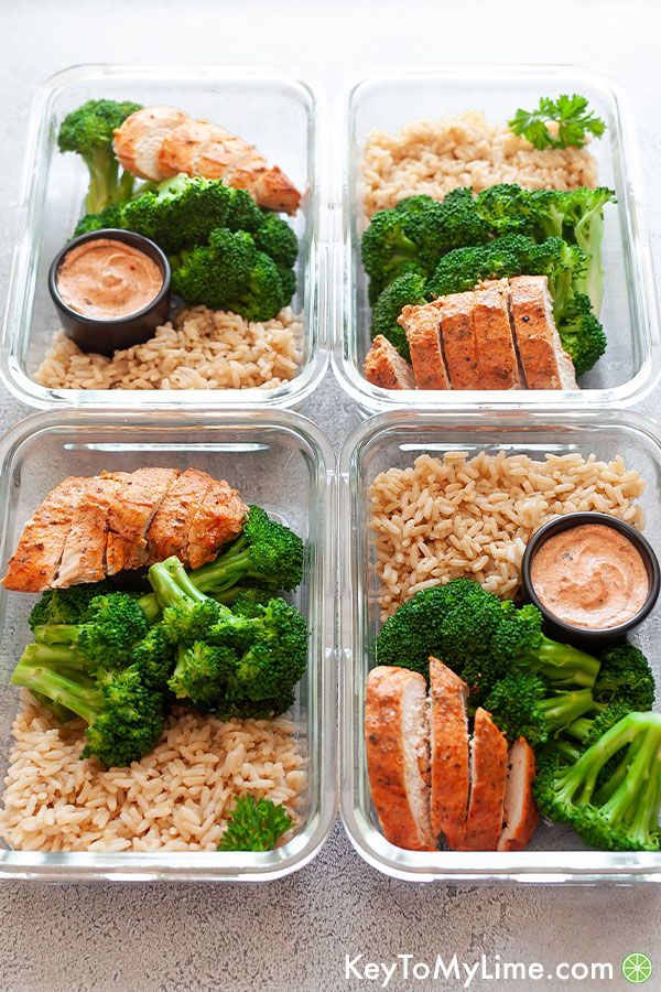 An angled image of the chicken and rice meal prep displaying the highlights on the sauce.