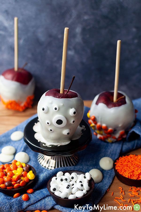 Apples dipped in white chocolate and rolled in candy eyes.