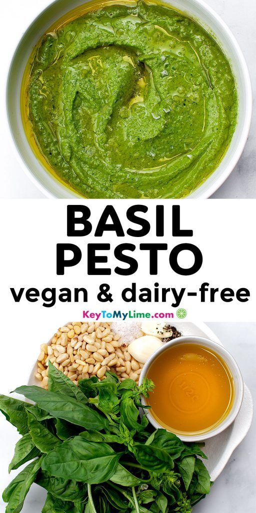 A Pinterest pin image with two pictures of pesto separated by title text.