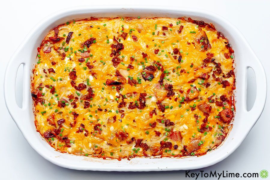 A horizontal image of an Amish breakfast casserole.