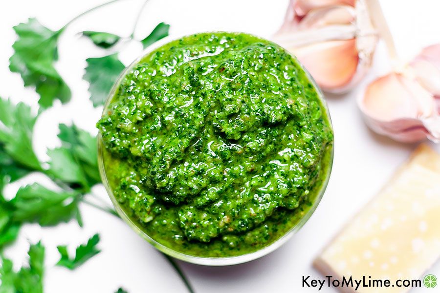 Parsley pesto in a small bowl.