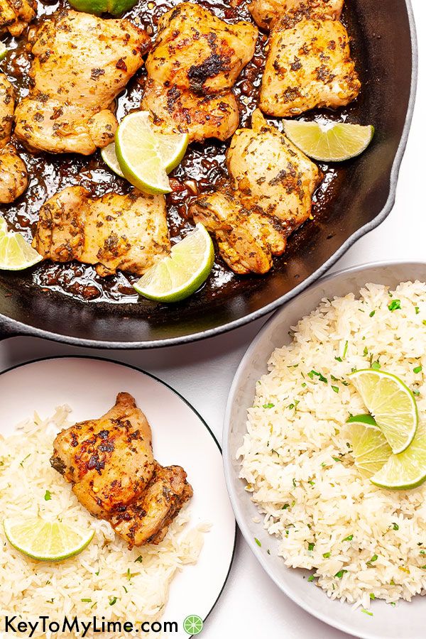 Cilantro lime chicken in a skillet and on a plate.
