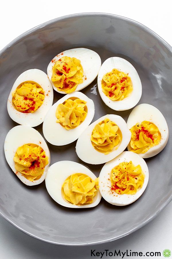 Instant pot deviled eggs in a bowl.