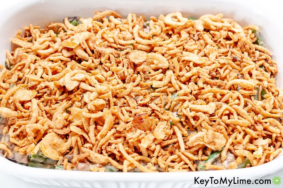 Green bean casserole with a French fried onion topping.