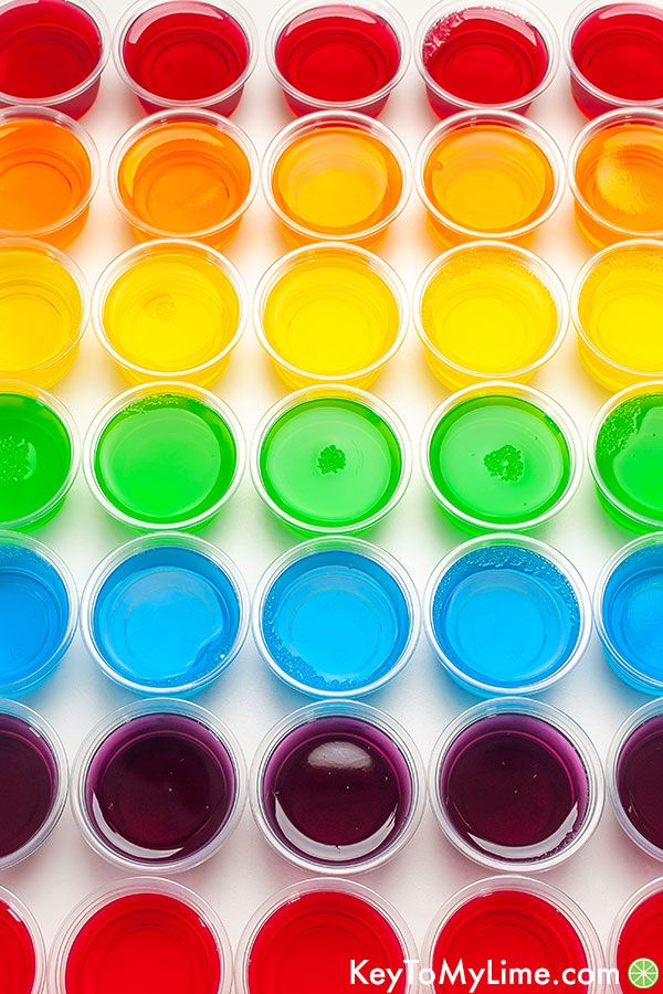 An image of jello shots arranged in rainbow order.
