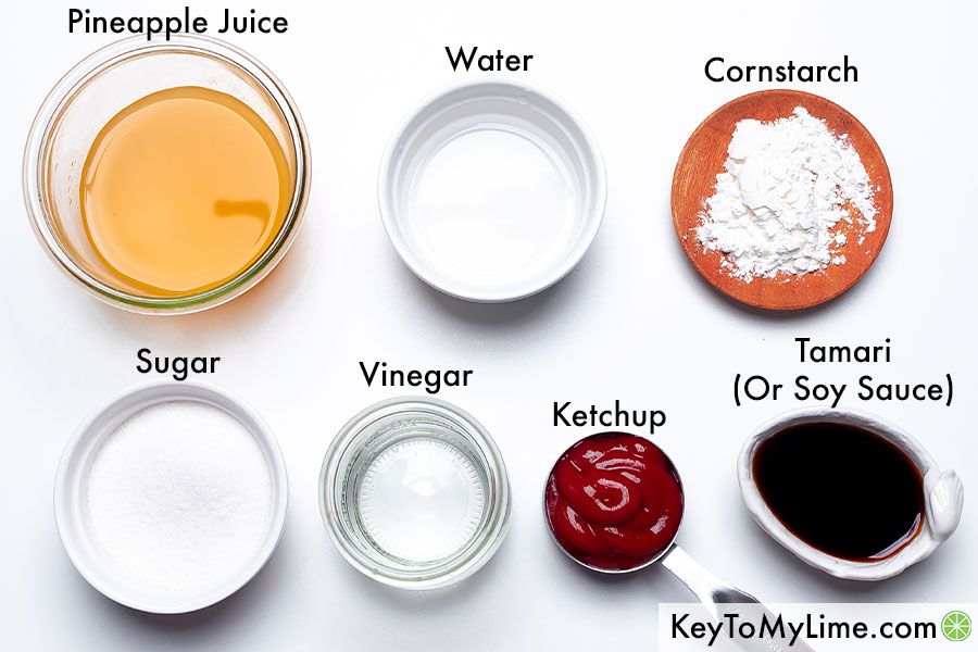 The labeled ingredients for sweet and sour sauce (pineapple juice, water, cornstarch, sugar, vinegar, ketchup, and Tamari).