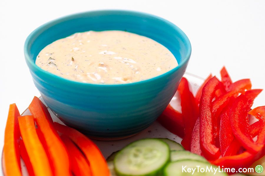 A side image of spicy ranch in a turquoise bowl.