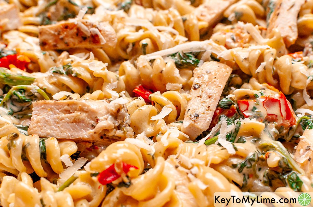 A close up image of Tuscan chicken pasta.