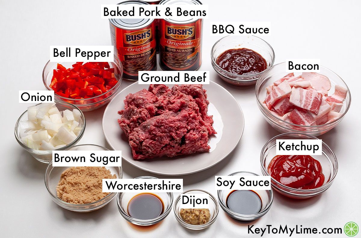 Baked beans with ground beef ingredients labeled.