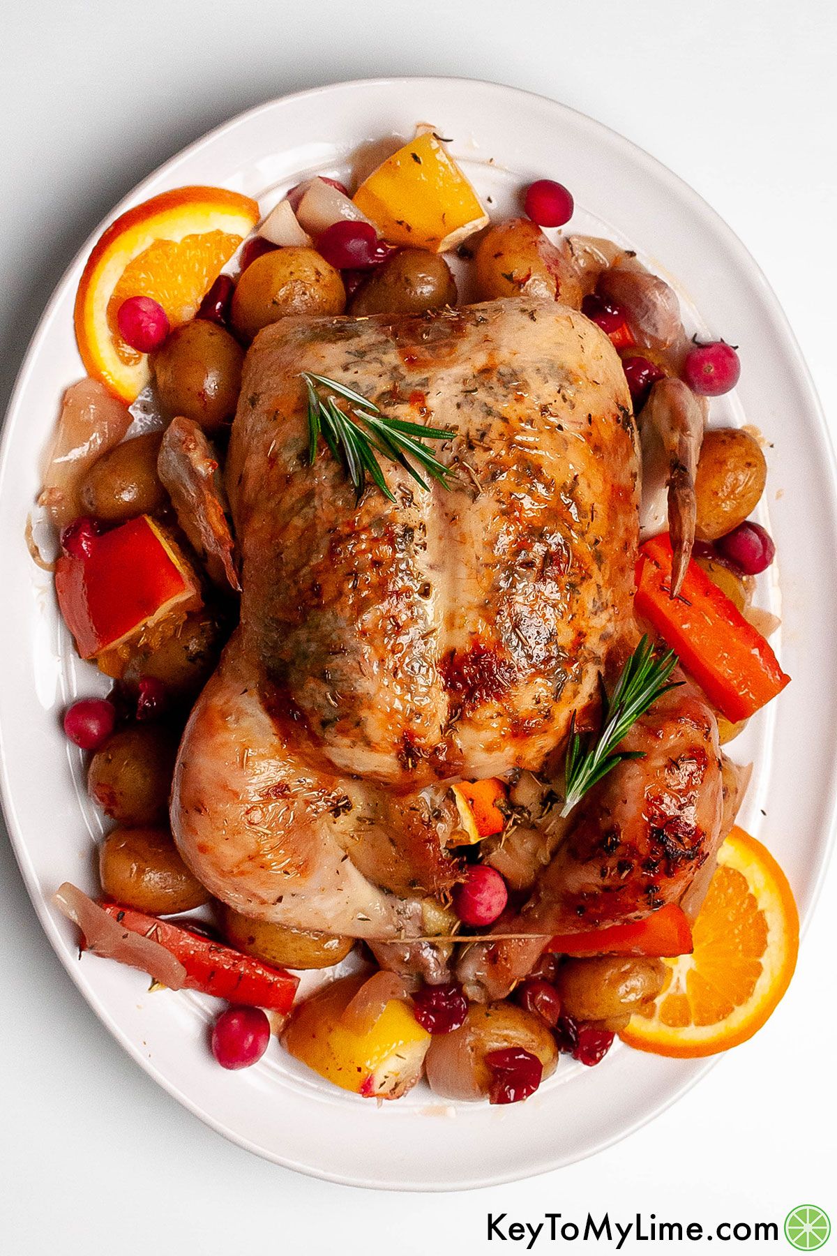 Roasted chicken on a platter with oranges, potatoes, cranberries, and carrots.