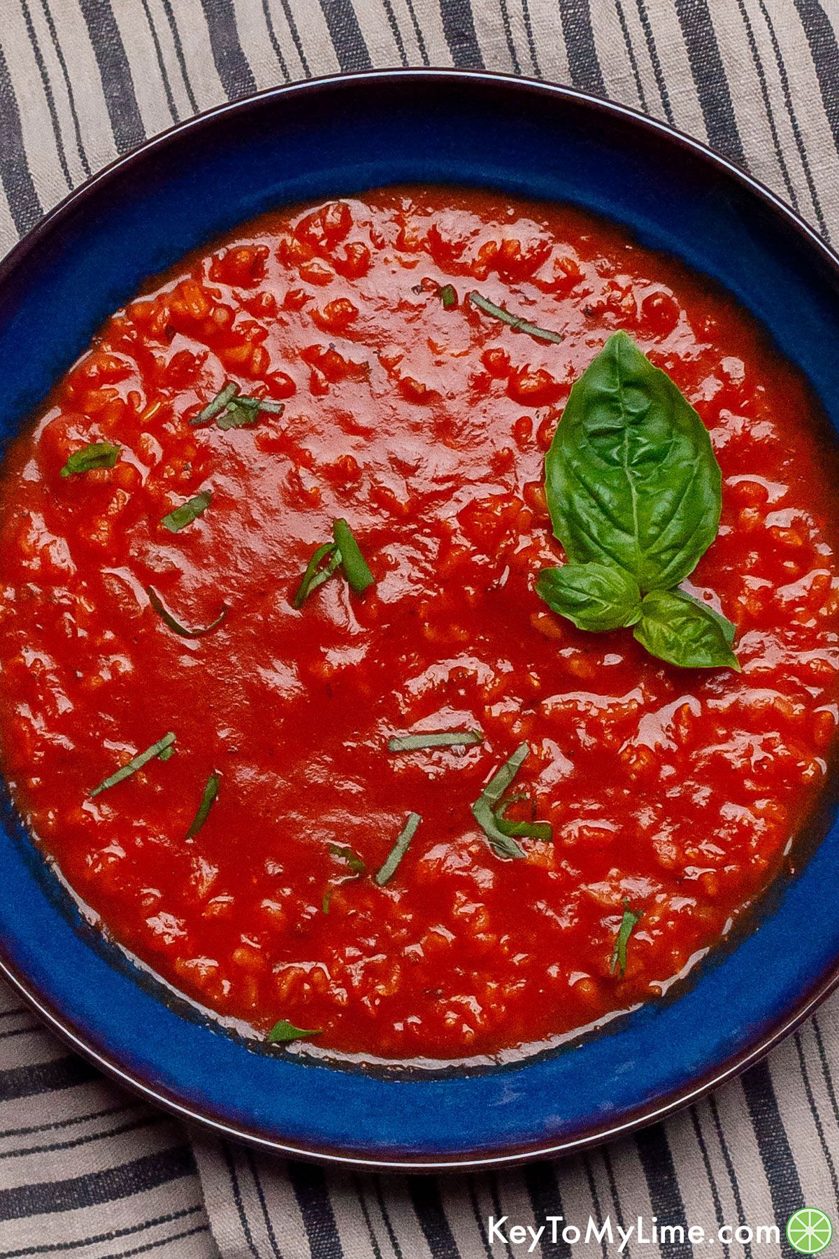 A close up image of a blue bowl filled with tomato rice soup.