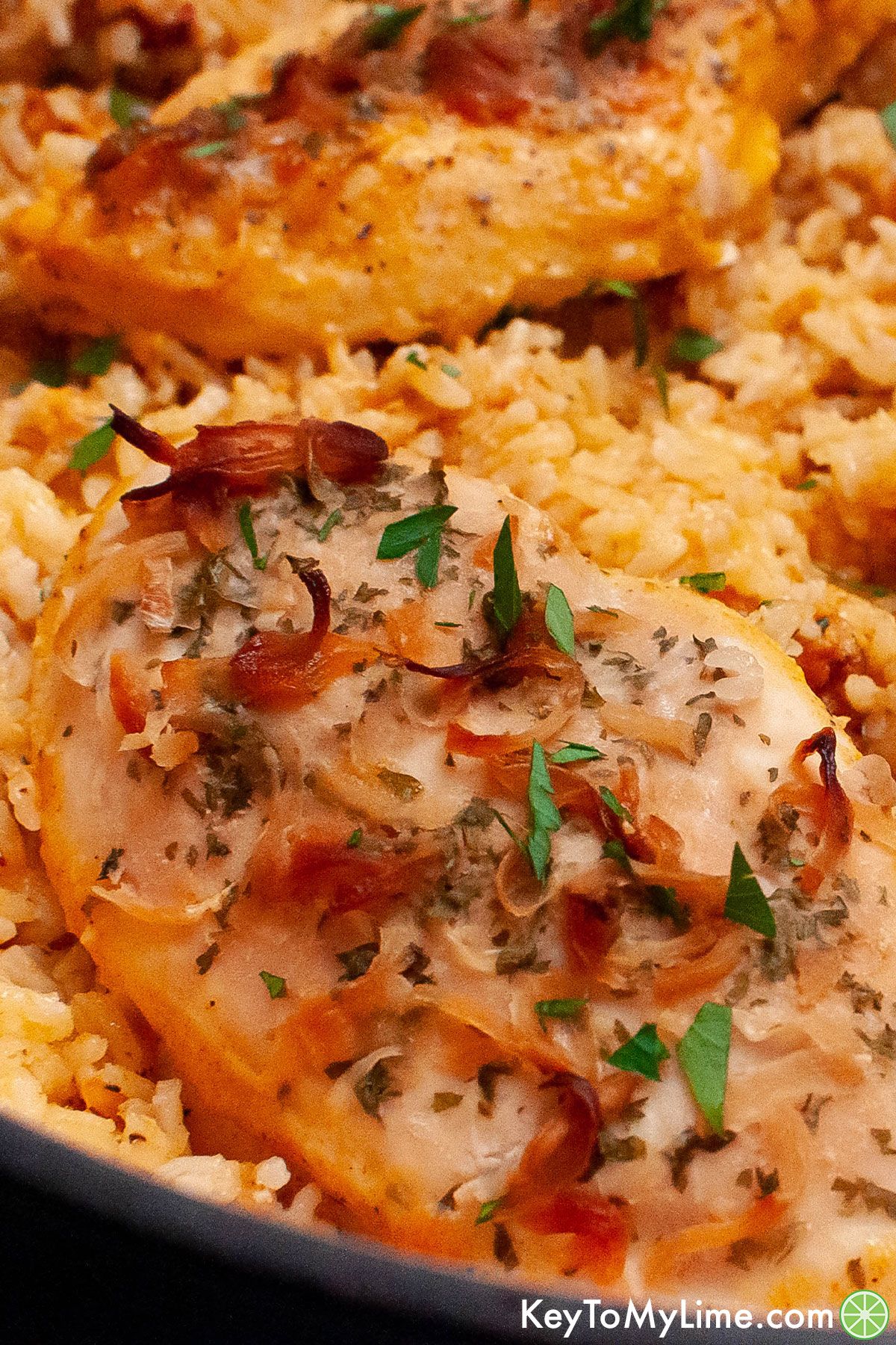 A close up image of no peek chicken and rice.