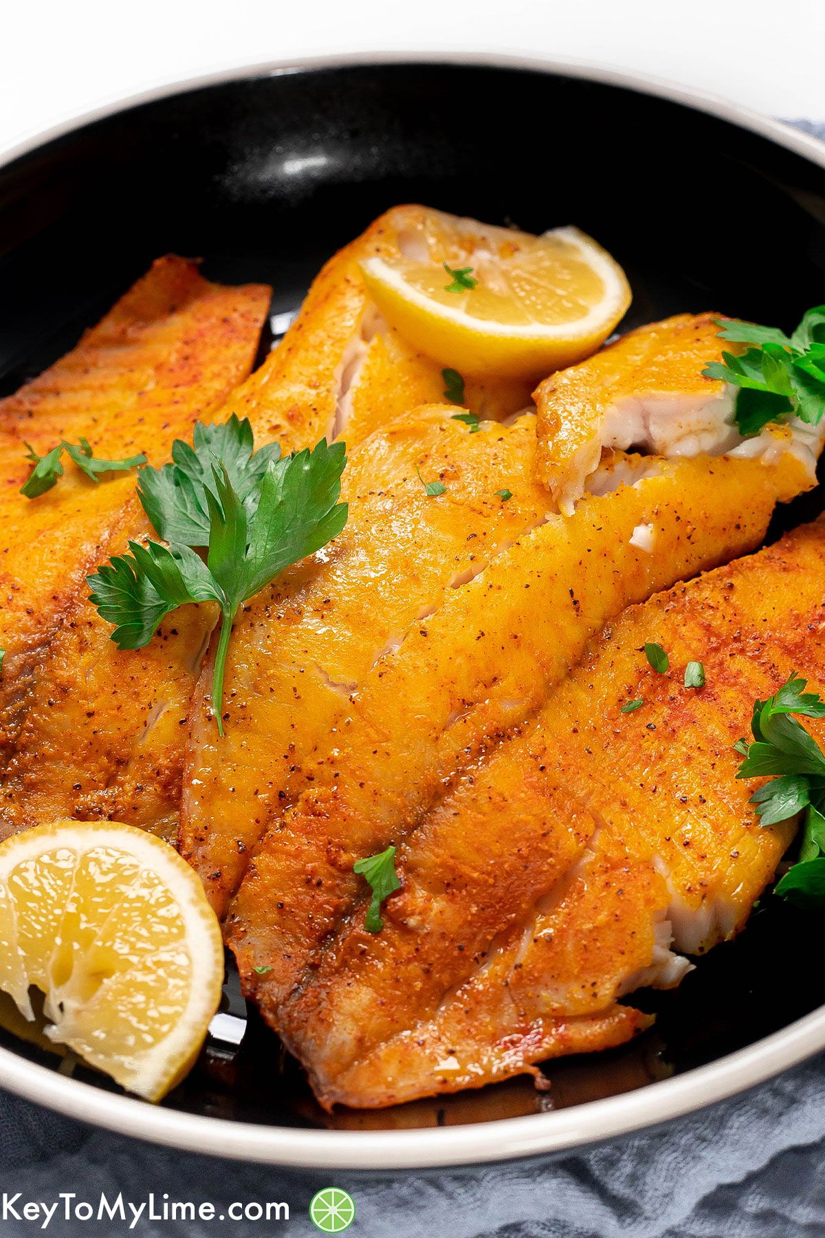 A garnished plate of cooked fish with lemon wedges and parsley scattered throughout.