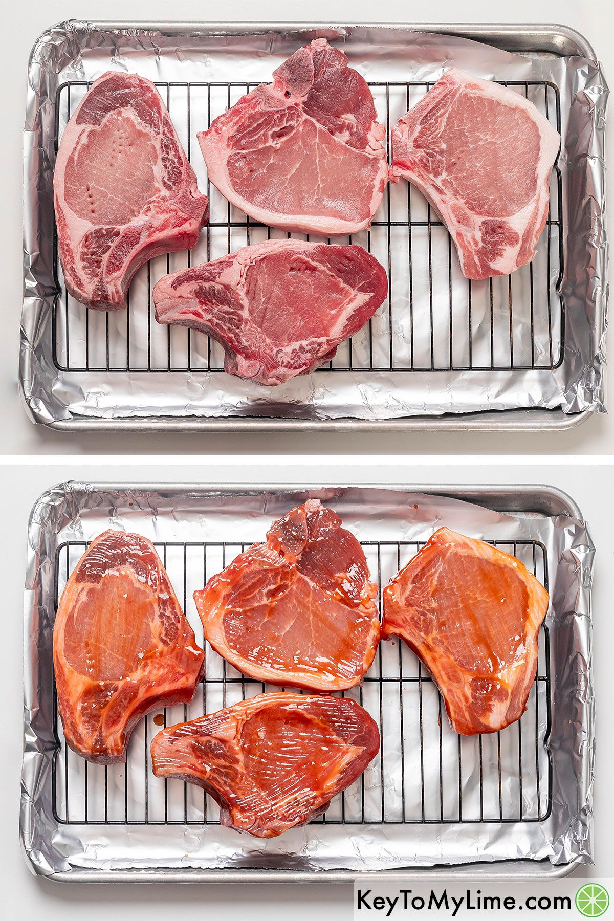 Placing the pork chops on top of a rack in a lined baking sheet and coating with sauce.