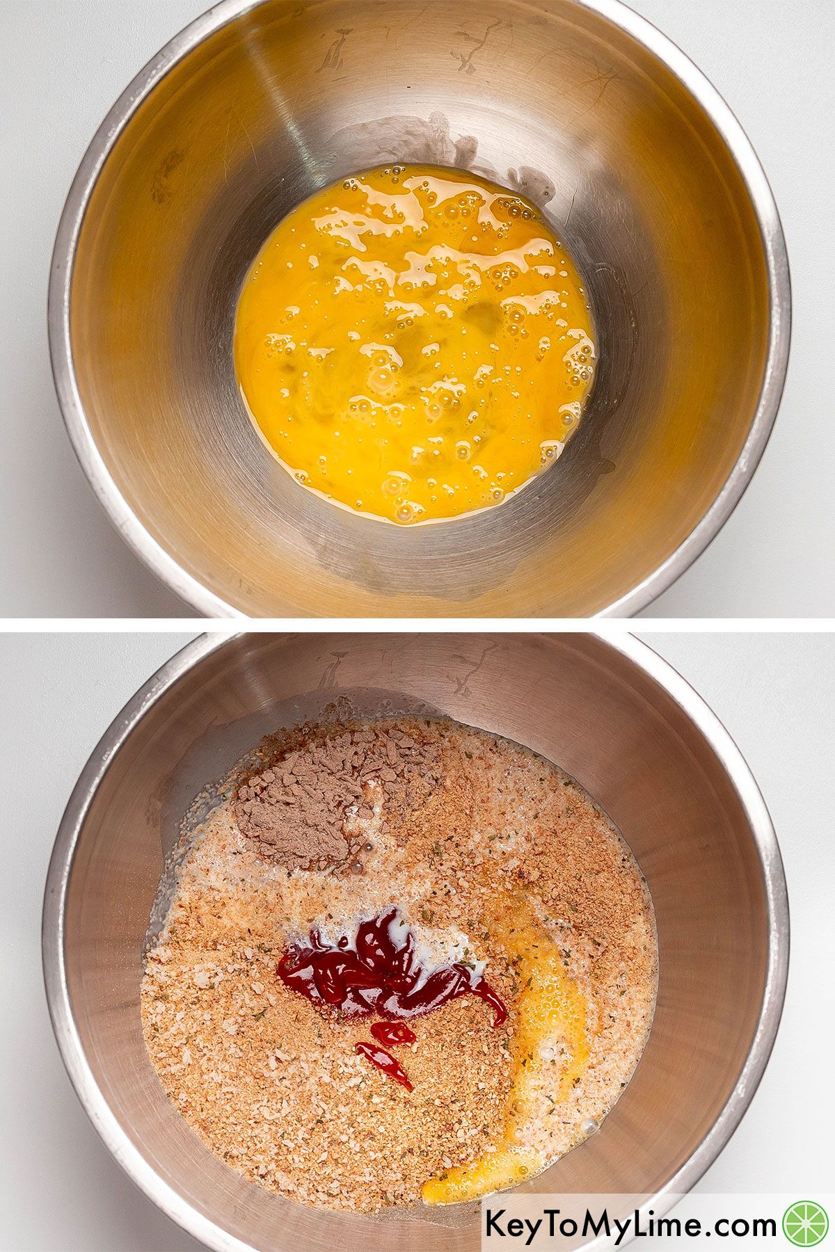 Beating the eggs in a mixing bowl, then adding breadcrumbs, milk, ketchup, and soup mix in a large mixing bowl.