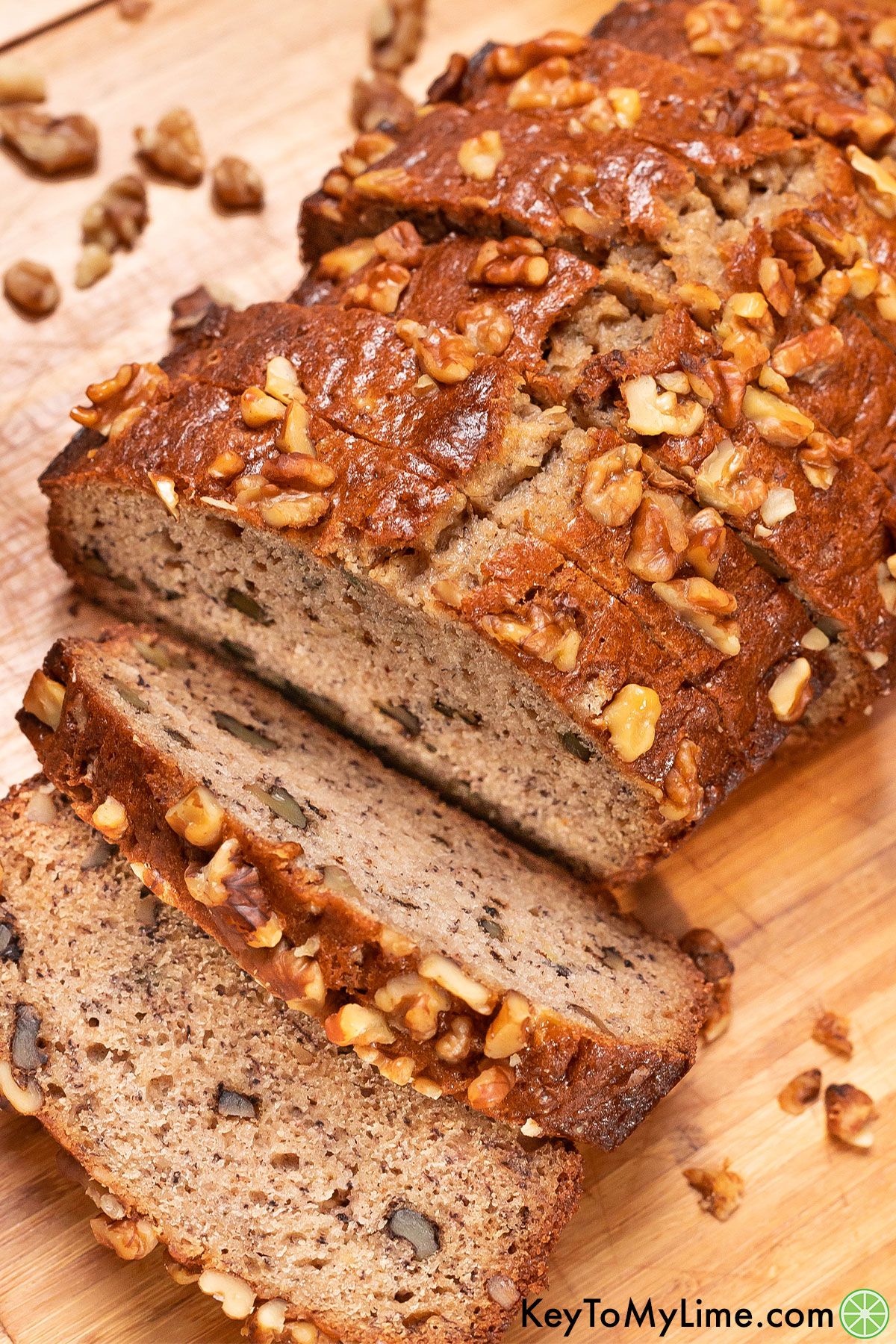 A close up side overhead shot showing the inside texture of the banana bread.