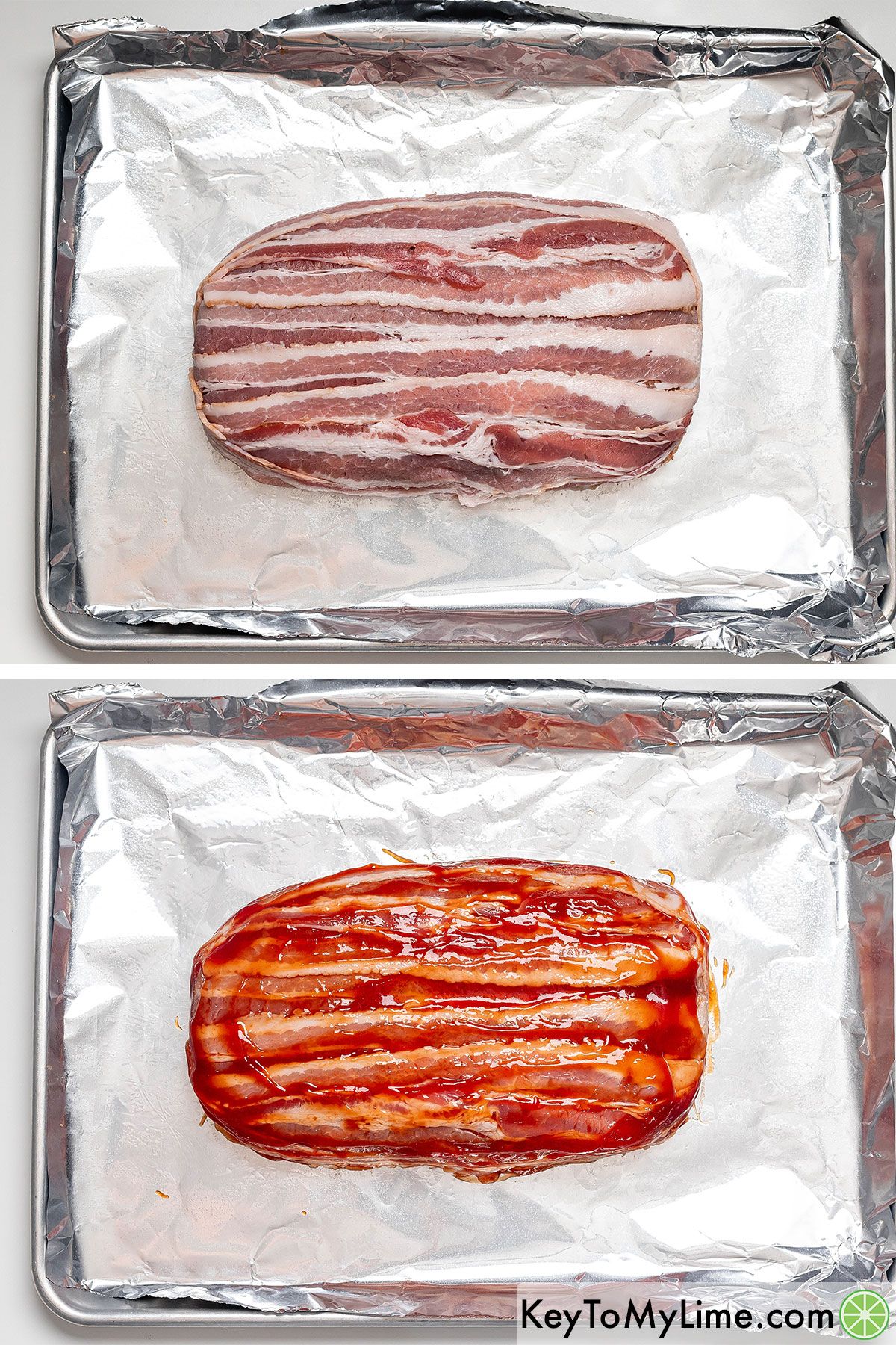 Covering the meatloaf with strips of bacon, then coating with the ketchup glaze before putting it in the oven.
