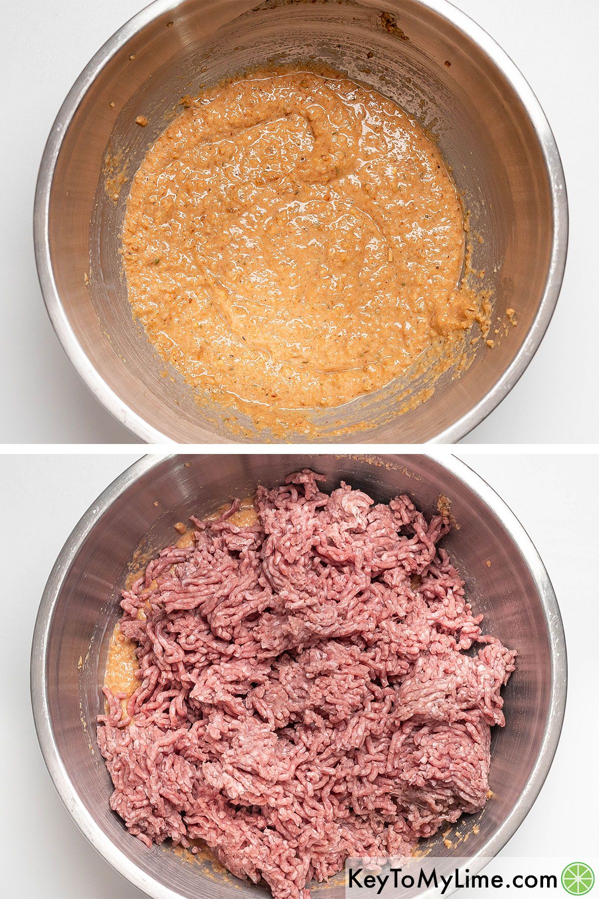 Mixing the ingredients together in a large mixing bowl, then adding chunks of ground beef to the mixture.