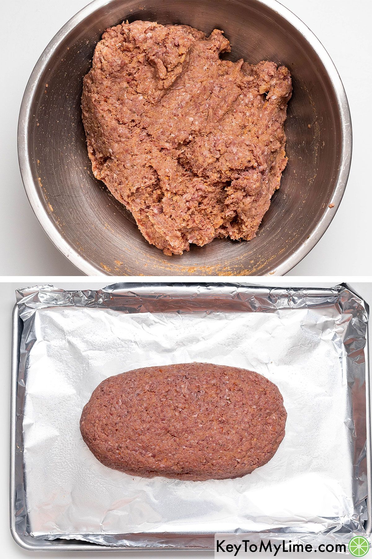 Thoroughly mixing the meatloaf mixture, then transferring it to a prepared baking sheet to mold.