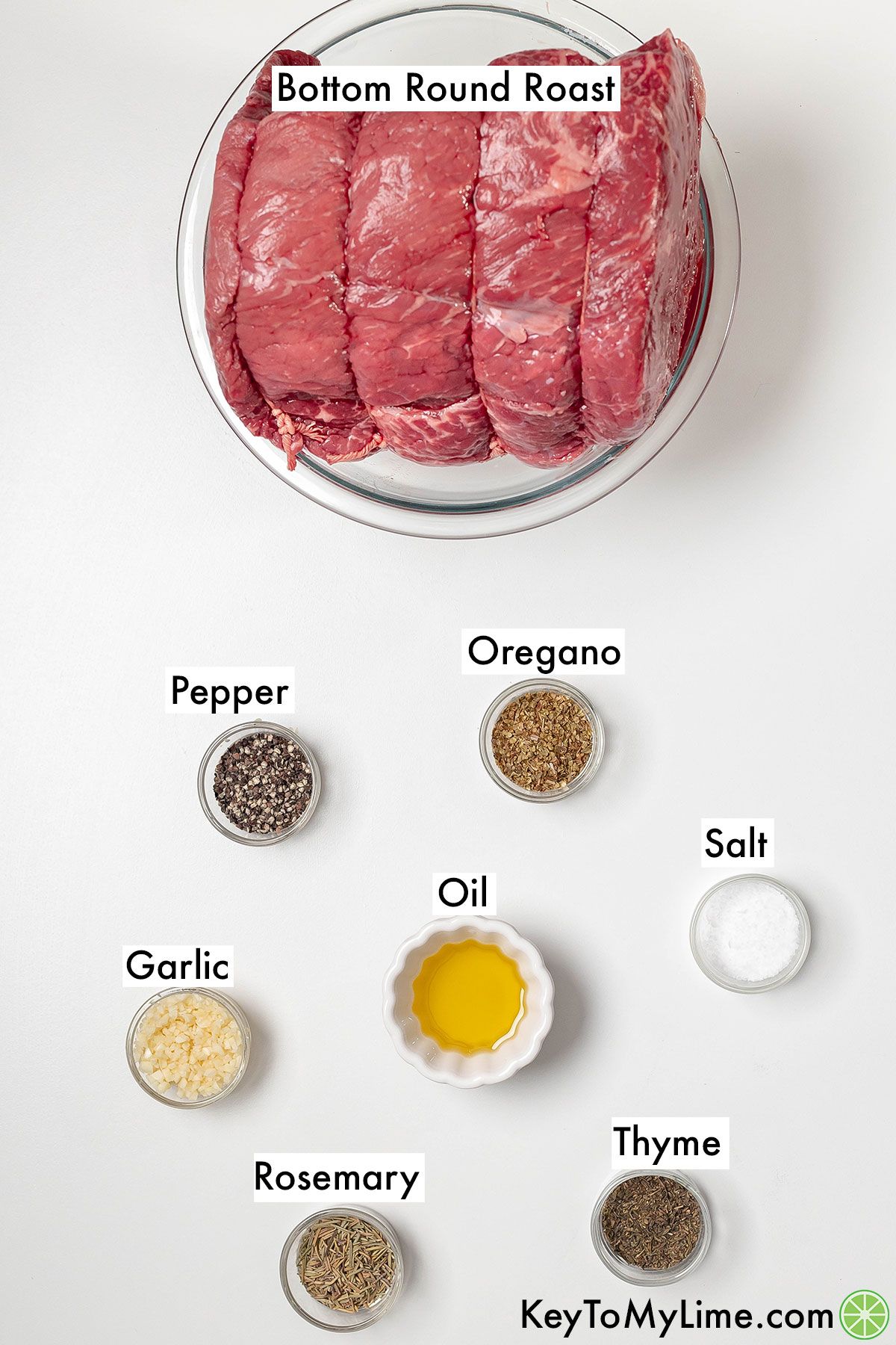 The labeled ingredients for bottom round roast.