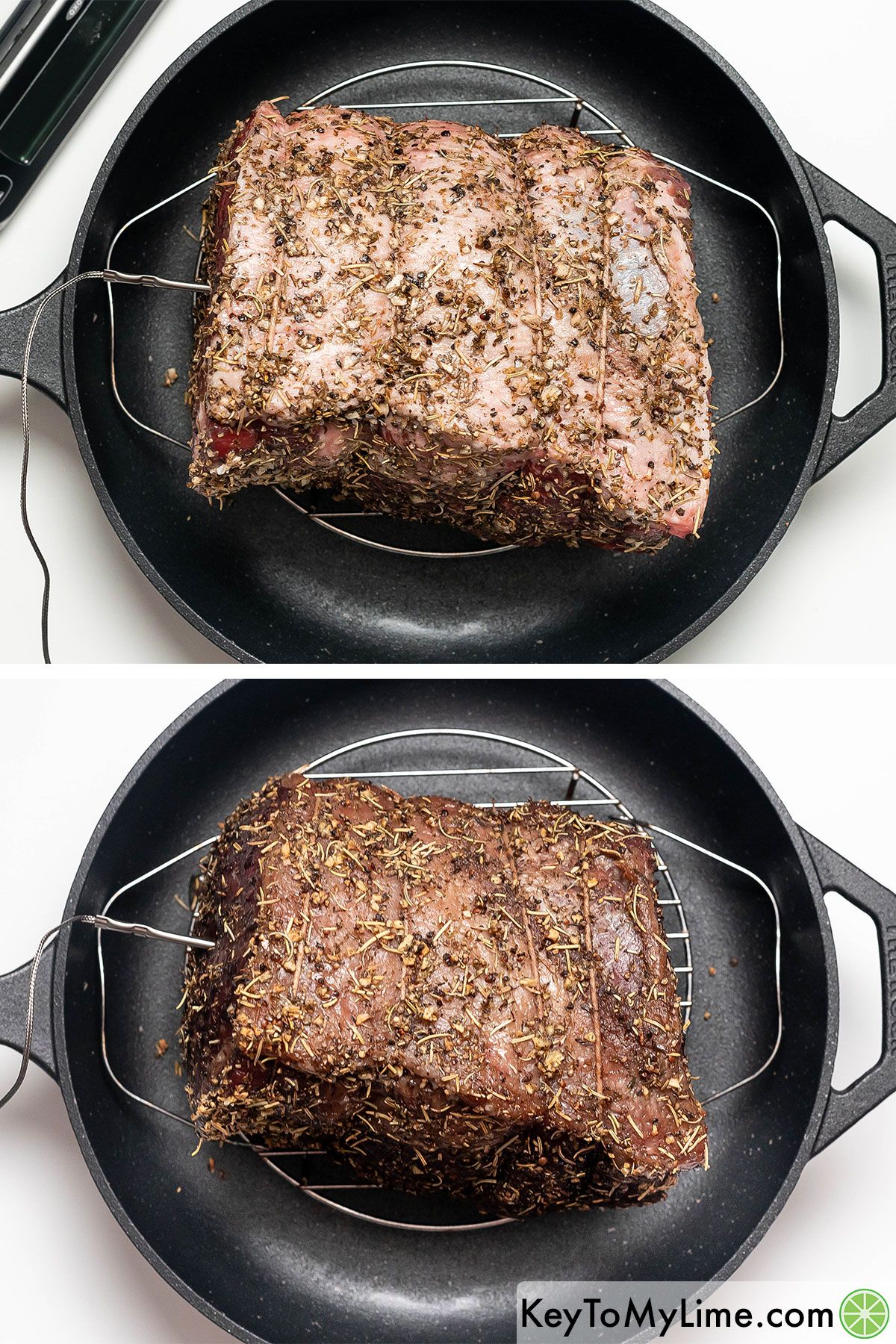 Placing the roast onto a wire rack then inserting an oven safe thermometer into the center of the roast.
