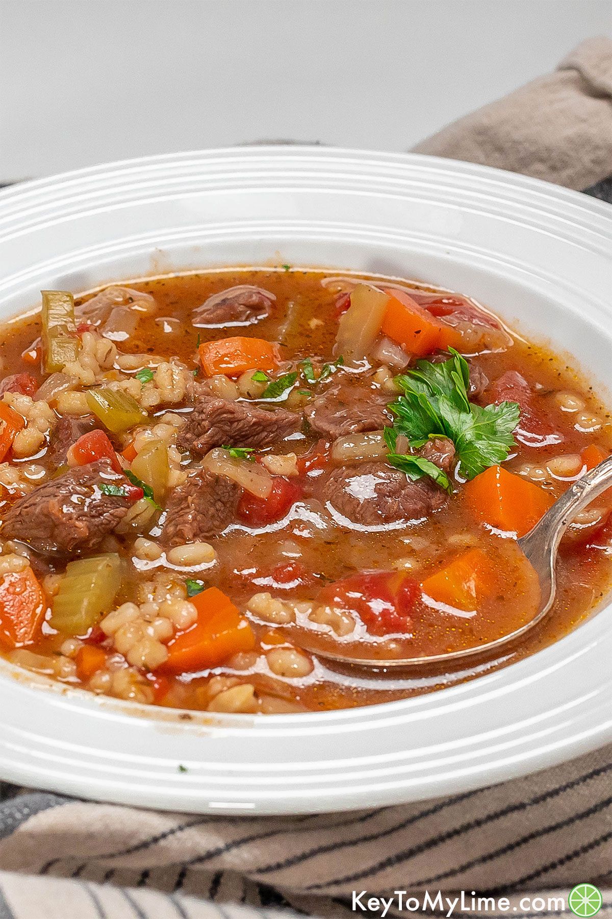 A soup bowl full of beef barley soup with a spoon resting inside.