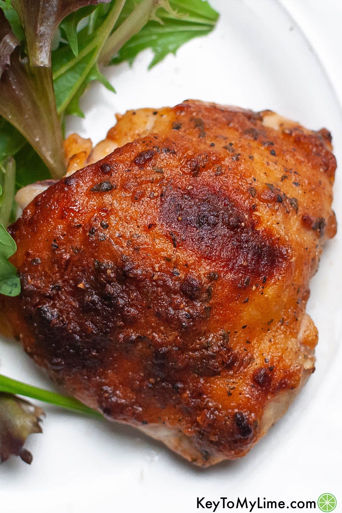 A close up a finished chicken thigh with a ranch coating on the top.
