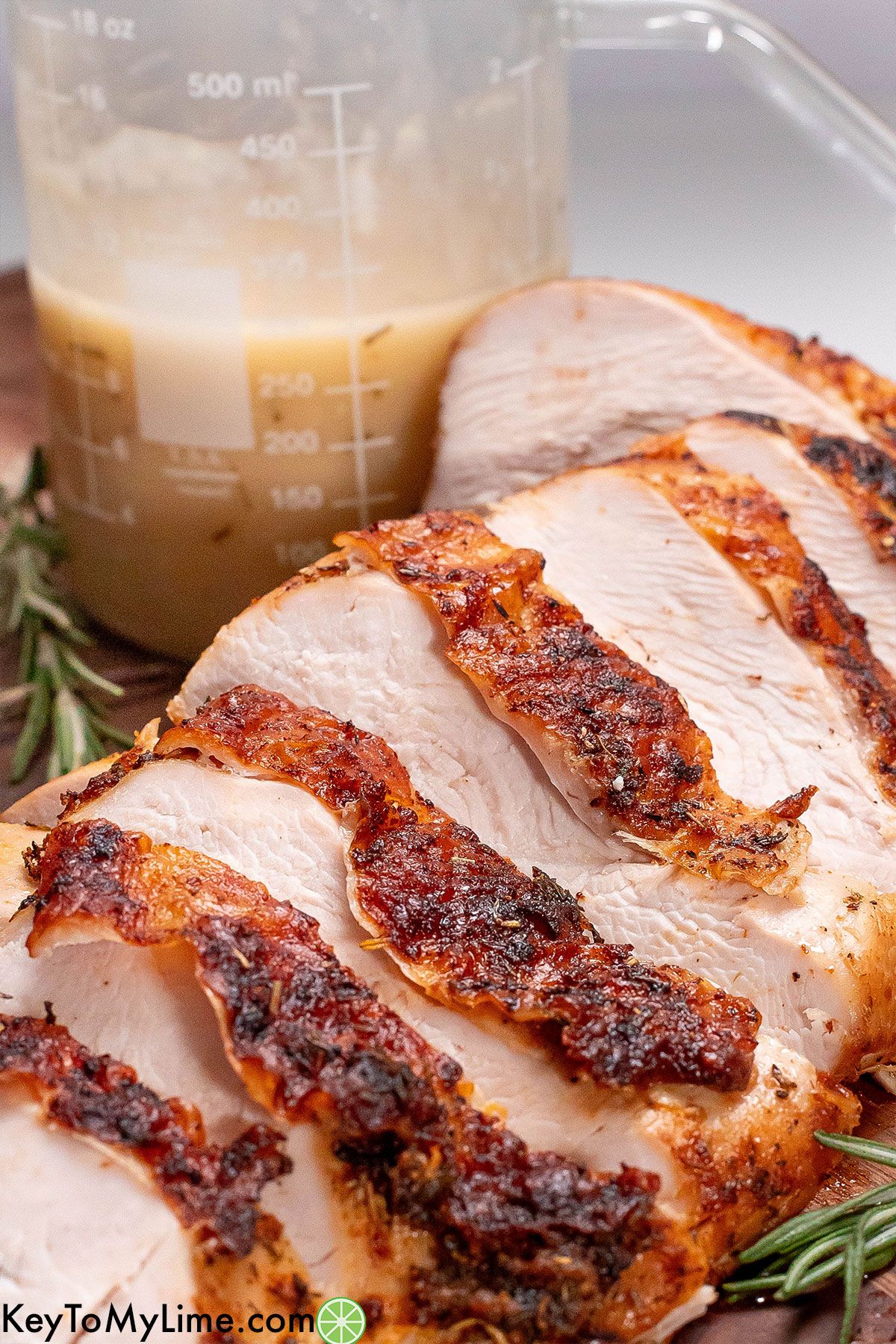 A side image showing the texture of the crispy skin on the turkey breast.