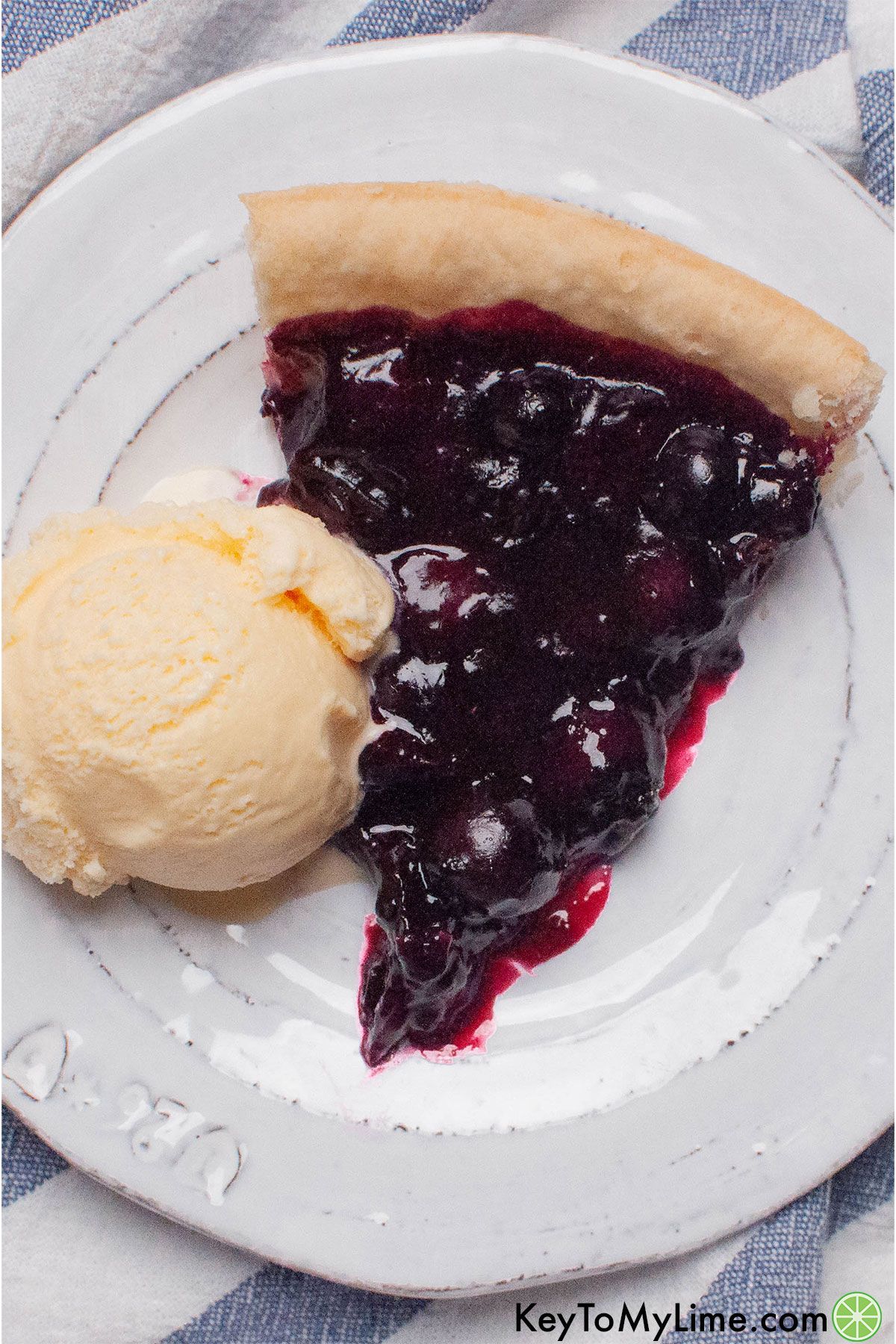 An overhead image of a serving of blueberry pie next to a scoop of vanilla ice cream on a white plate.